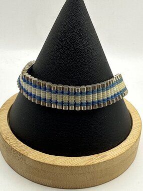 Links of London Silver Woven Friendship Bracelet Blue Cream Retro Y2K